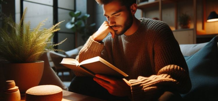 A bearded man reading a book in a cozy room.