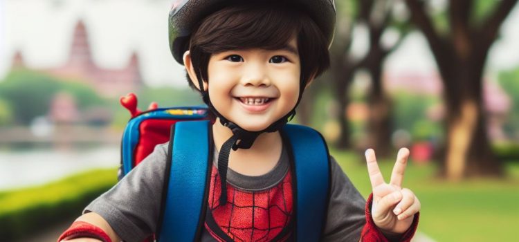 A young boy wearing a spider-man shirt while riding a bike and holding a peace sign.