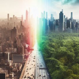 A city and nature being split by a rainbow