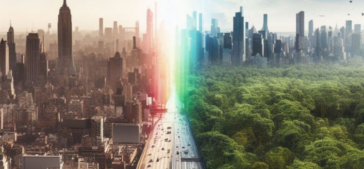 A city and nature being split by a rainbow
