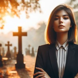 A confident woman standing in a cemetary