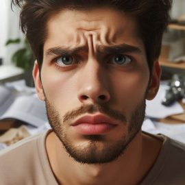 A confused man with a messy desk in the background.