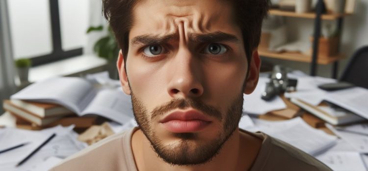 A confused man with a messy desk in the background.