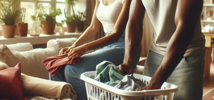 A couple folding laundry together