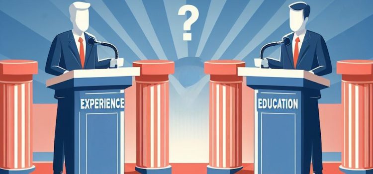 Two cartoon men at podiums representing the experience vs. education debate.