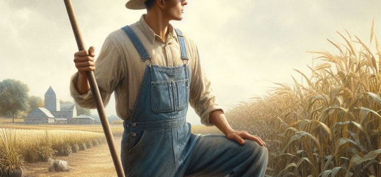 A farmer wearing overalls in a field of wheat.