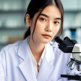 A female scientist using a microscope in a lab