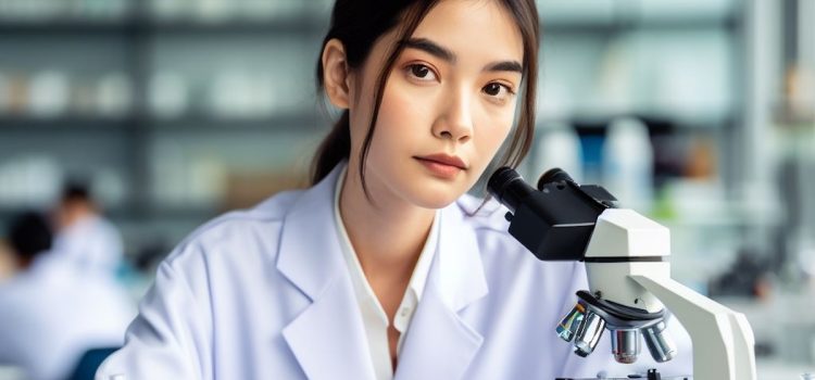 A female scientist using a microscope in a lab