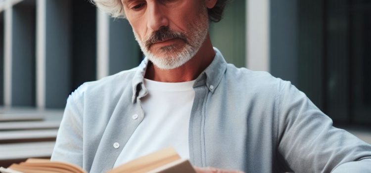 An older man with gray hair reading a book outside.