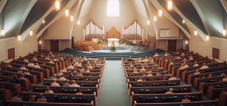 A half full congregation of a Christian church service inside.