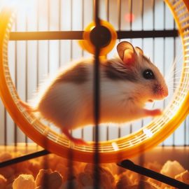 A hamster wheel running in a cage.