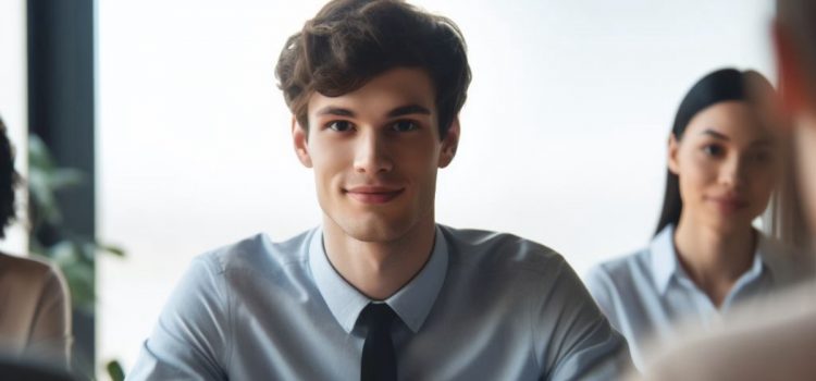 A happy, professional man in an meeting or interview.