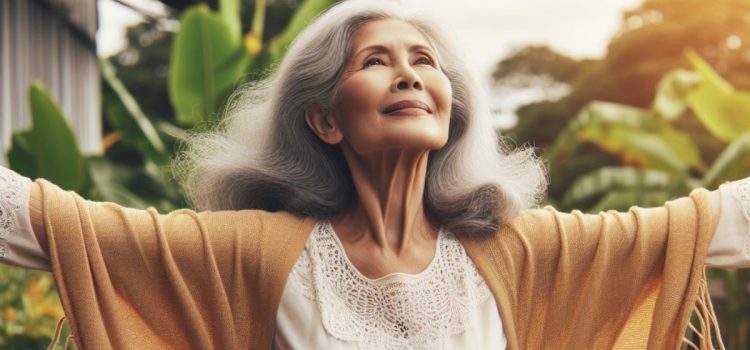 An older woman holding her arms out in happiness.