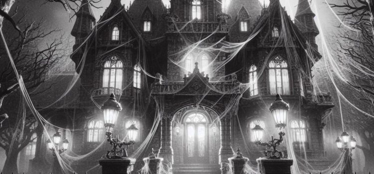 A black and white horror mansion with spider-webs