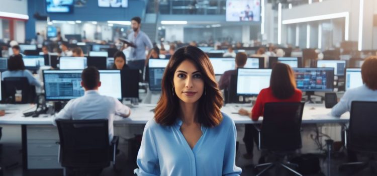 A female leader in front of an open office space full of workers