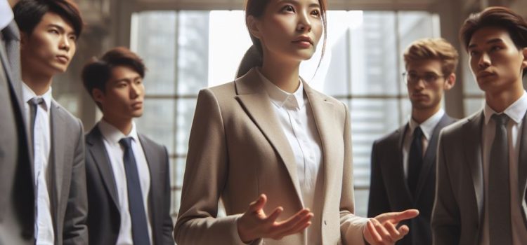 A leader talking to her team.