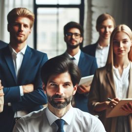 A business leader with a team of professional looking people behind him.