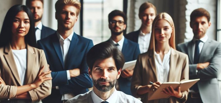 A business leader with a team of professional looking people behind him.