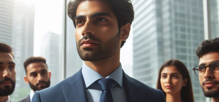 A leader standing confidently with his employees in the background of a city.