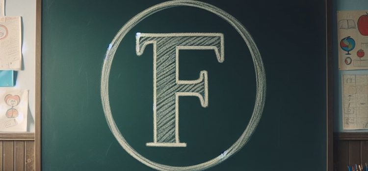 A giant "F" written on a chalkboard in a classroom.