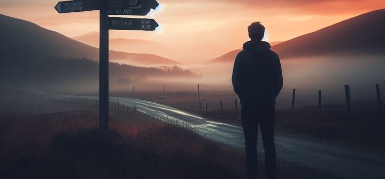 A man at a crossroads sign outside