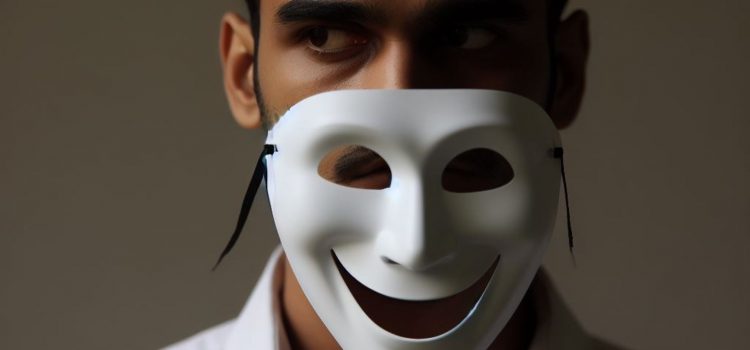 A man with a stoic face holding a white mask with a smile.