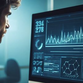 A man staring at a computer monitor with graphs and charts