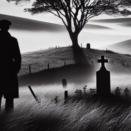 A man looking at a gravestone in a field