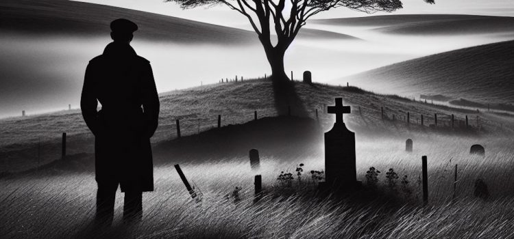 A man looking at a gravestone in a field