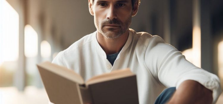 A man reading a book while sitting outside under a roof.