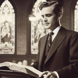 A preacher reading from a Bible in a church with stained glass windows behind him.