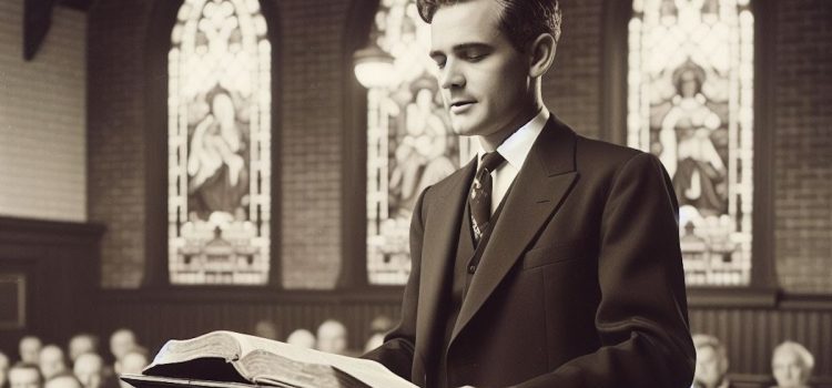 A preacher reading from a Bible in a church with stained glass windows behind him.