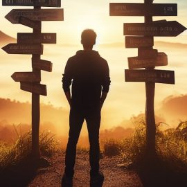 A man standing in front of two posts with arrows pointing different ways