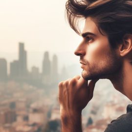 A curious man learning to accept himself with a city in the background.