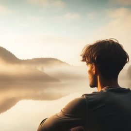 A man staying in the present moment as he watches the sun beat down on a lake and mountains.