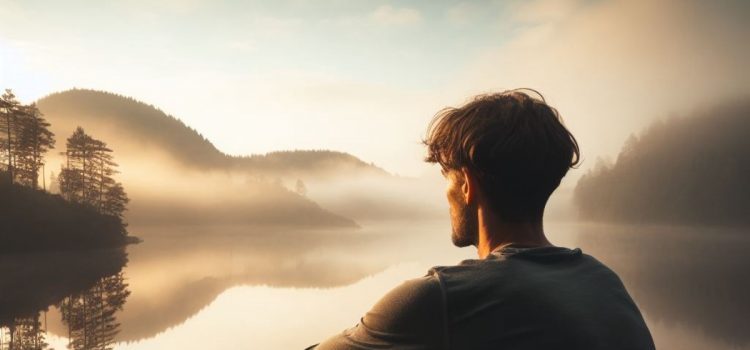 A man staying in the present moment as he watches the sun beat down on a lake and mountains.