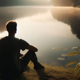 A person learning how to have more patience as they sit by a peaceful lake.