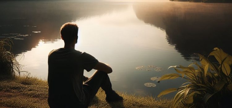 A person learning how to have more patience as they sit by a peaceful lake.
