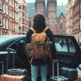 A man with lots of luggage standing in a city outside a car