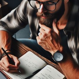 A hipster man writing in appointment book