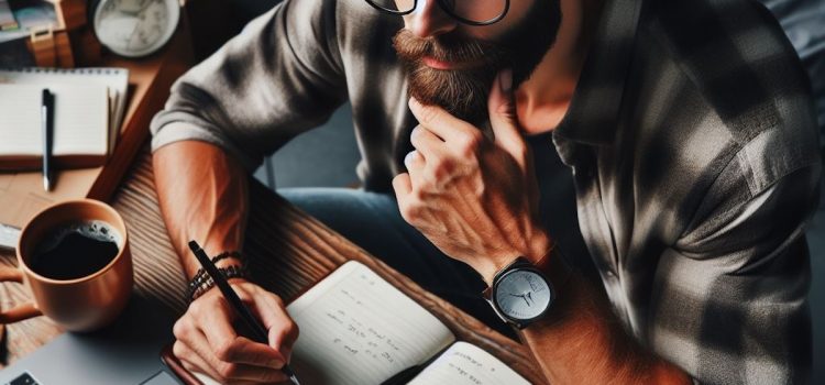 A hipster man writing in appointment book