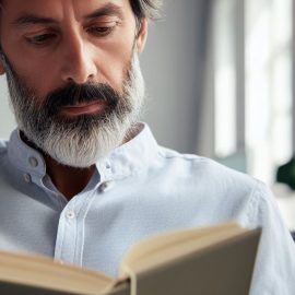 A middle aged grey man reading a book