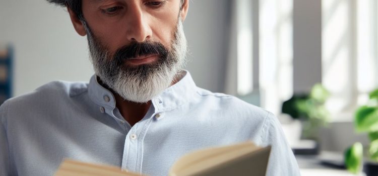 A middle aged grey man reading a book
