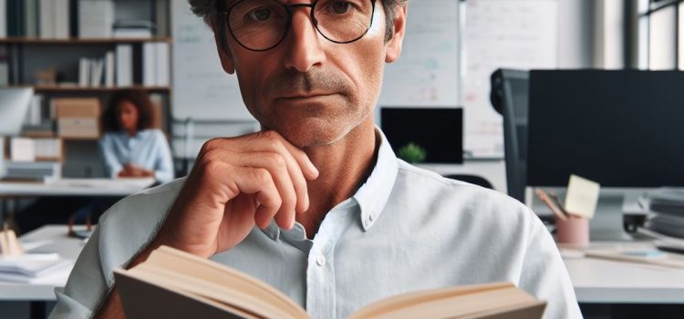 A curious middle-aged man reading a book in an office.