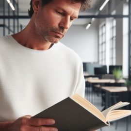 A middle aged man with a five o clock reading a book in an office