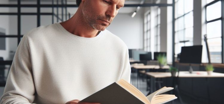 A middle aged man with a five o clock reading a book in an office