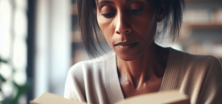 A middle aged woman reading a book