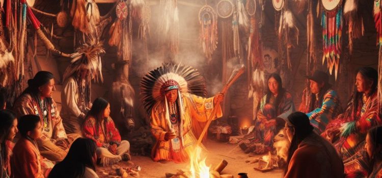 Native Americans standing around a fire