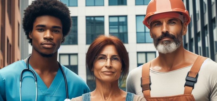 Nurses and a construction worker outside representing the 2024 job market.