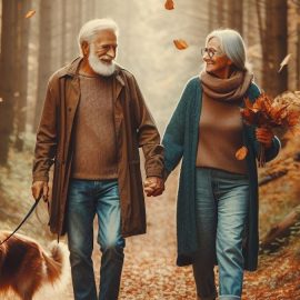 An old couple walking their dog in a forest